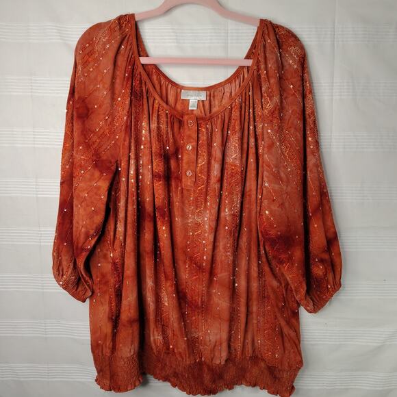 DressBarn Peasant Blouse 3/4 Sleeve Burnt Orange Sequins Embroidered 3X - Picture 1 of 15